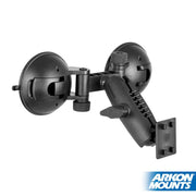 The Robust™ Double Windshield Suction Mount - 4-Prong Pattern Compatible is a black, heavy-duty mount with adjustable arms and knobs, ideal for phones or GPS. It features the Arkon Mounts logo in the bottom right corner.