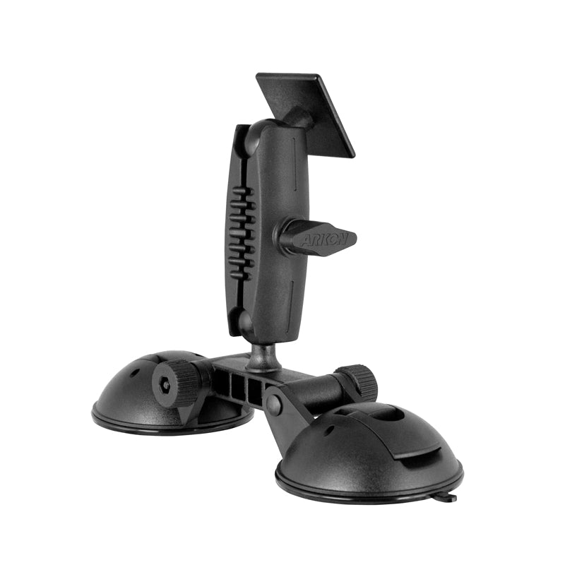 The Robust™ Double Windshield Suction Mount, compatible with 4-prong pattern devices, features an adjustable arm and a black finish for secure attachment to flat surfaces.