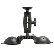 The Robust™ Double Windshield Suction Mount features black heavy-duty construction, adjustable arms, and a tightening knob for secure attachment to flat surfaces. AMPS compatible for versatile device or camera mounting.