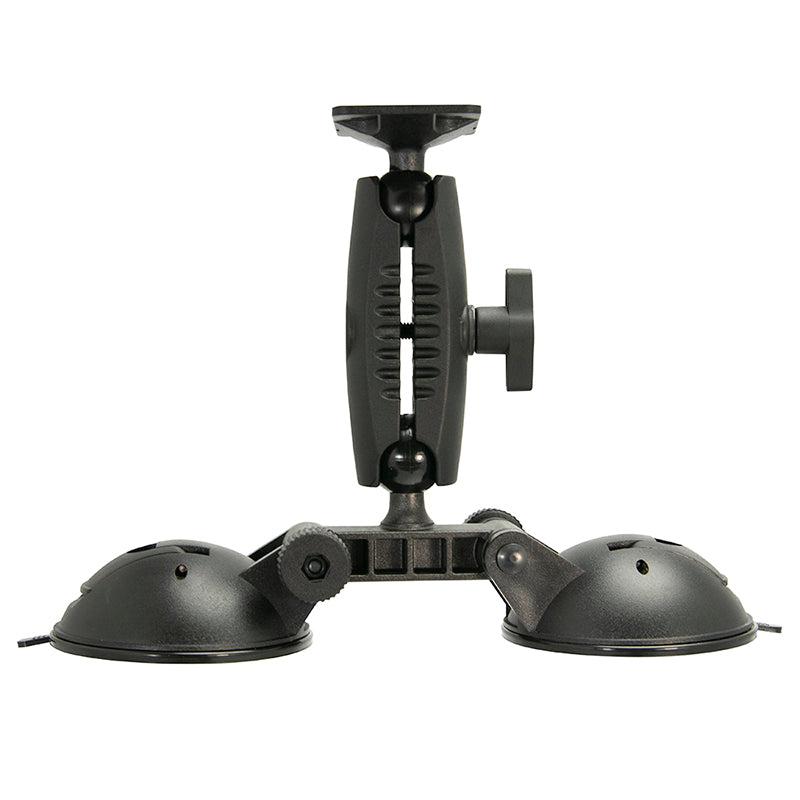 The Robust™ Double Windshield Suction Mount features black heavy-duty construction, adjustable arms, and a tightening knob for secure attachment to flat surfaces. AMPS compatible for versatile device or camera mounting.