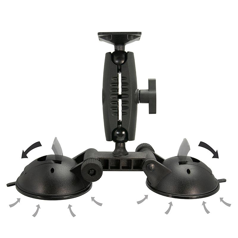The Robust™ Double Windshield Suction Mount features heavy-duty black plastic, adjustable joints and knobs for secure device placement, arrows for movement and rotation guidance, and AMPS compatibility for versatile device attachment.