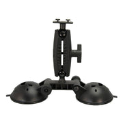 The Robust™ Double Windshield Suction Mount - Dual-T Compatible is a black mount with dual suction cups, adjustable arms, and knobs, ideal for securely attaching tablets or phones to smooth surfaces.