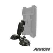 The Robust™ Double Windshield Suction Mount - Dual-T Compatible features an adjustable arm, semi-transparent holder, and ARKON logo on a white background, highlighting its rugged support for tablets or phones.