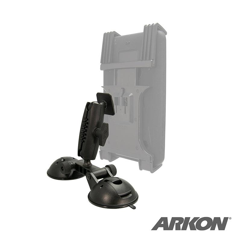 The Robust™ Double Windshield Suction Mount - Dual-T Compatible features an adjustable arm, semi-transparent holder, and ARKON logo on a white background, highlighting its rugged support for tablets or phones.