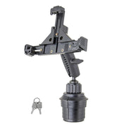 The LockVise™ Locking Phone Holder features a secure cradle, handle, and two keys, mounted on a Robust™ car or truck cup holder mount for adjustable device placement.