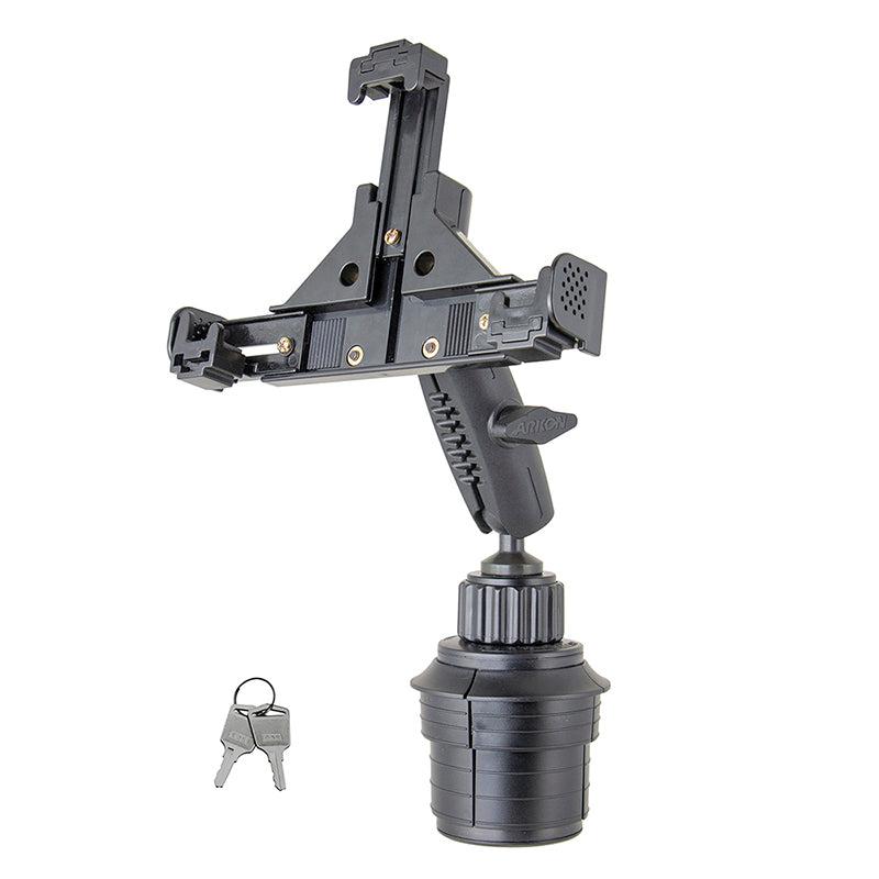 The LockVise™ Locking Phone Holder features a secure cradle, handle, and two keys, mounted on a Robust™ car or truck cup holder mount for adjustable device placement.