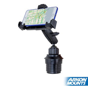 A smartphone displaying a map is held in a black adjustable LockVise™ Locking Phone Holder with Robust™ Car or Truck Cup Holder Mount, fitting securely into a car cup holder. The Arkon Mounts logo appears in the bottom right corner.