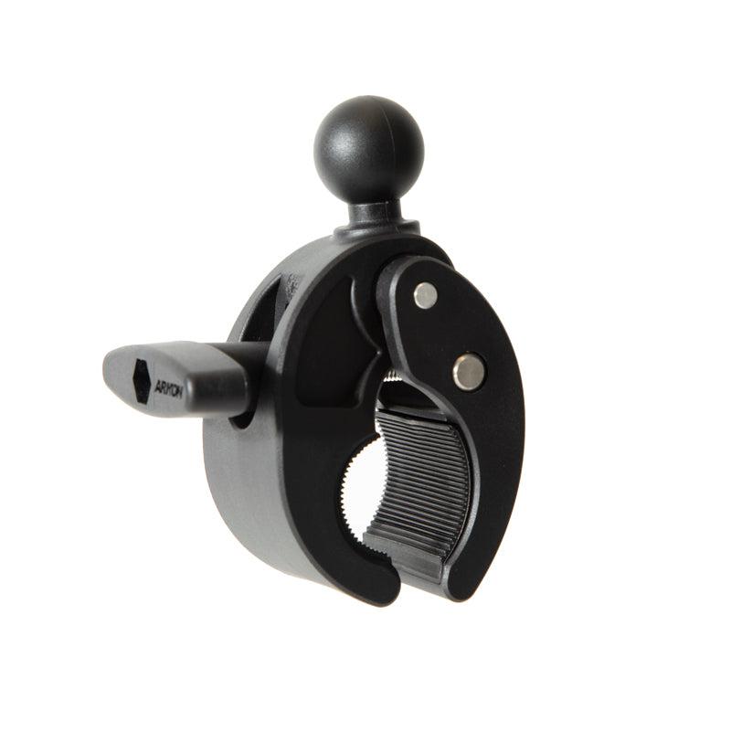 The Robust™ Mount Clamp Post with 25mm (1) Ball features a black plastic circular jaw and adjustable knob, providing a heavy-duty solution for securely mounting accessories to rods or poles.