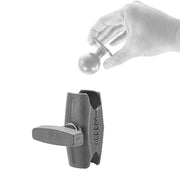 A gloved hand holds the Robust™ Series 3.5 inch Composite Mount Shaft above a black clamp with a tightening lever, highlighting its 38mm (1.5 inch) ball compatibility for custom mount solutions.