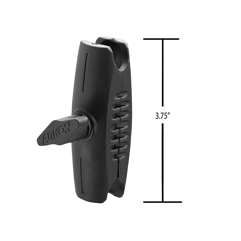 Black plastic clamp with ridged grip and lever, shown upright next to a Robust™ Series 3.75 inch Composite Mount Shaft—compatible with 25mm (1 inch) ball Arkon mounts for versatile setups.