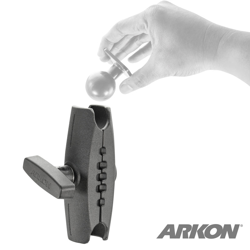 A hand holds the Robust™ Series 5 inch Metal Mount Shaft (38mm/1.5 ball compatible) above a black mounting arm from Arkons Robust Mount Series, with the ARKON logo in the corner, illustrating attachment or assembly.