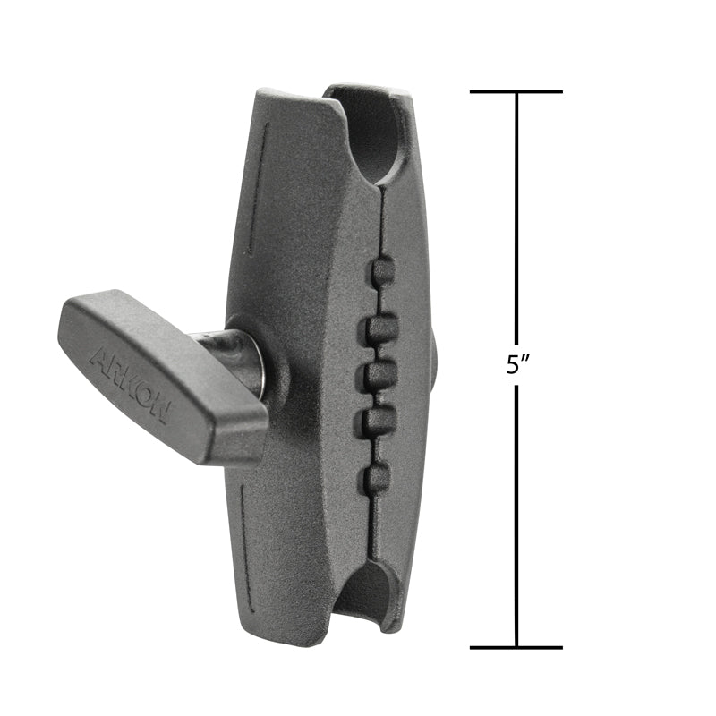 A black plastic clamp with a ridged, adjustable center and side lever is shown upright beside a 5-inch line, compatible with the Robust™ Series 5 inch Metal Mount Shaft (38mm/1.5 inch ball).