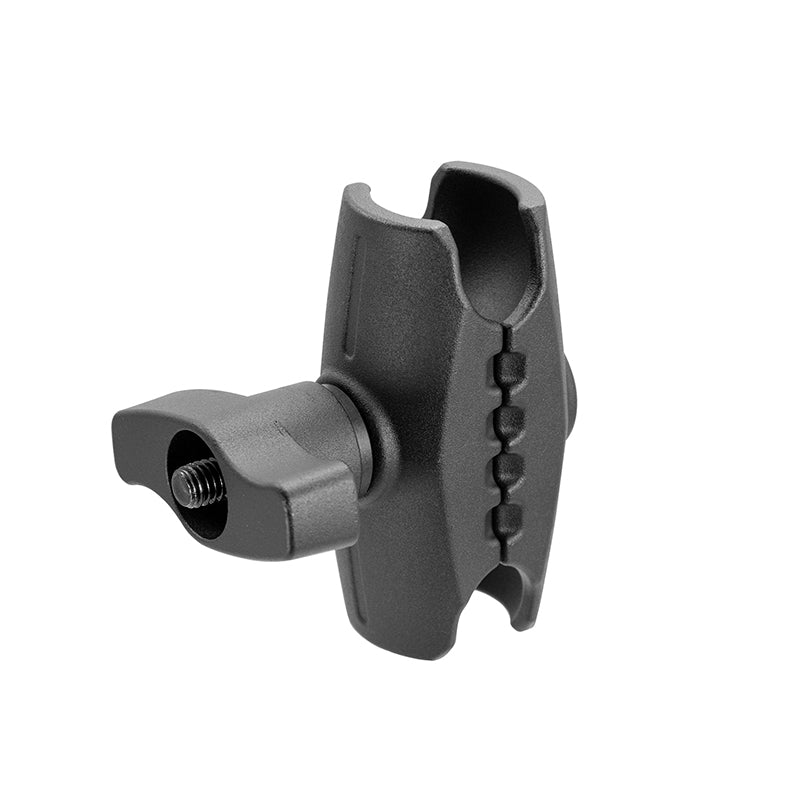 The Robust™ Series 5 inch Metal Mount Shaft features an adjustable, black aluminum clamp with a tightening knob and grooved inner surfaces, designed to securely hold cylindrical objects; compatible with 57mm (2.25 inch) ball mounts.