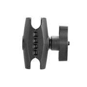 The Robust™ Series 5 inch Metal Mount Shaft is a black, adjustable arm with a central joint and circular base. Compatible with 57mm (2.25 inch) balls, it features grooved aluminum edges and a tightening knob for secure device positioning.
