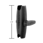 A side view of the black Robust™ Series 5.75 inch Mount Shaft, compatible with 38mm (1.5 inch) ball mounts, featuring an adjustment knob and measurement lines indicating its 5.75-inch length.