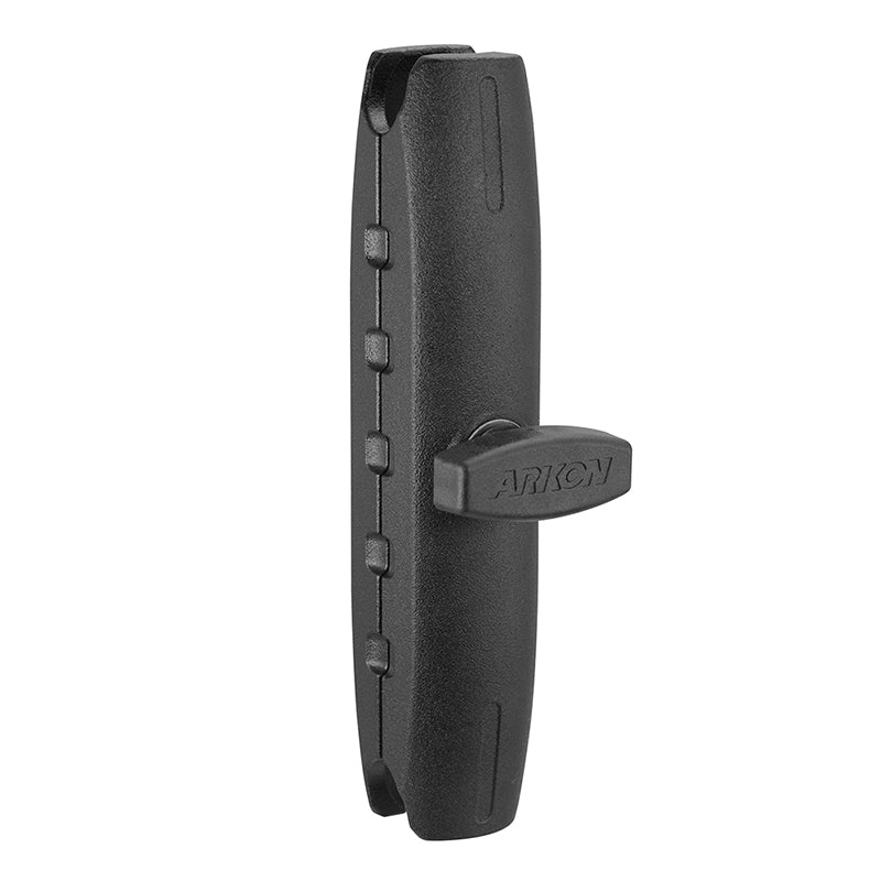 The Robust™ Series 6 inch Metal Mount Shaft is a black, rectangular aluminum connector arm with a central knob, designed for 25mm (1 inch) ball-compatible custom mount solutions.