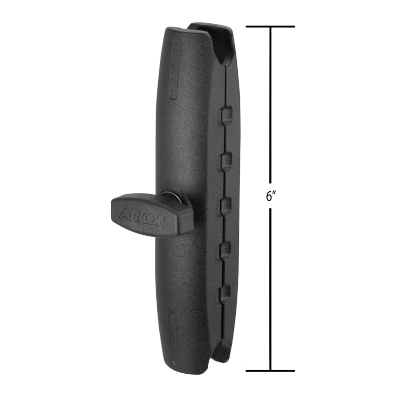 The Robust™ Series 6 inch Metal Mount Shaft is a black, cylindrical aluminum shaft with a knob labeled ARKON, shown vertically with a 6-inch length indicator; its compatible with 25mm (1 inch) ball mounts for custom solutions.