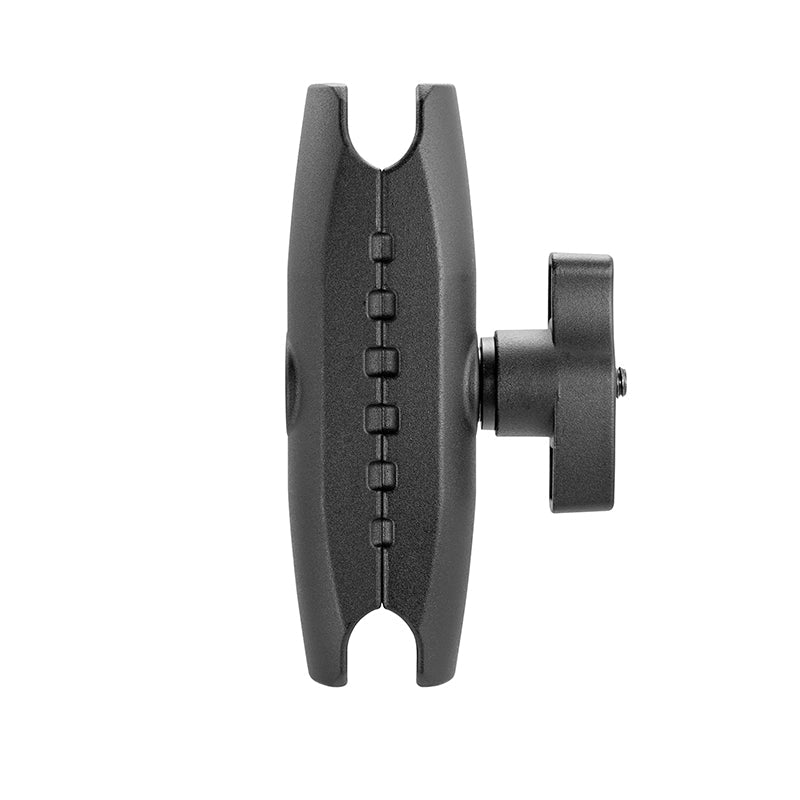 The Robust™ Series 8 inch Metal Mount Shaft is a black, heavy-duty shaft with notched detailing and curved ends, compatible with 57mm (2.25 inch) ball mounts for secure device or accessory mounting. Features side tightening knob for stability.