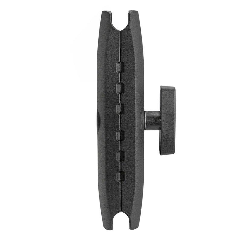 Side view of the Robust™ Series 8.5 inch Metal Mount Shaft, a black heavy-duty double socket arm with right knob—ideal for securely mounting equipment. Compatible with 38mm (1.5) ball and Arkon Robust Mount systems.