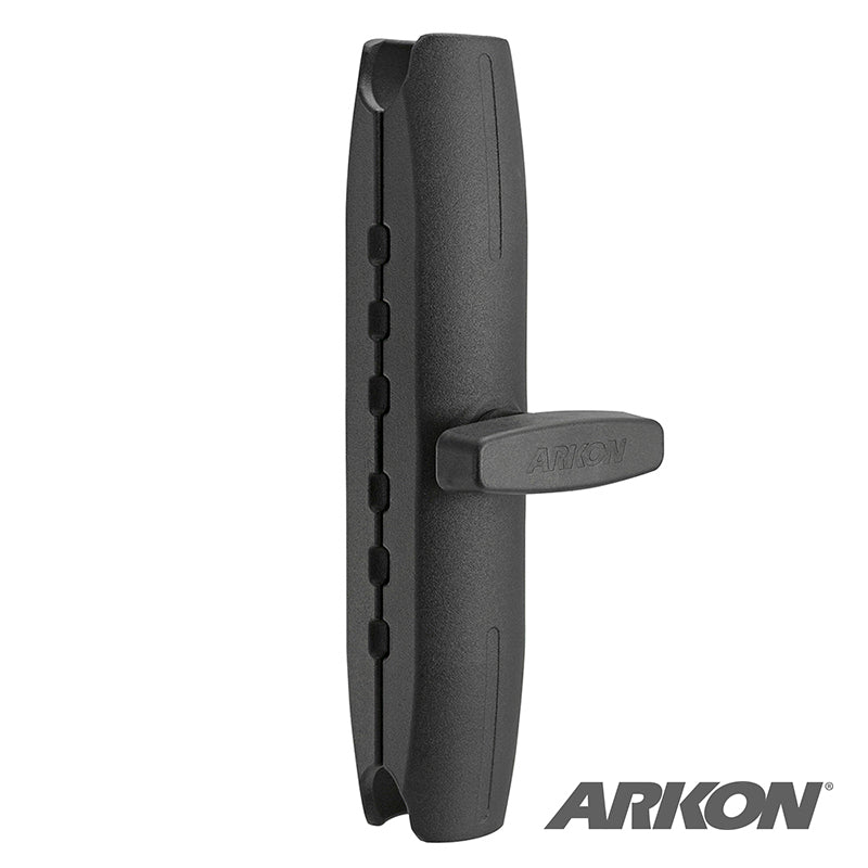 The Robust™ Series 8.5 inch Metal Mount Shaft features a black, elongated design with a central knob and is 38mm (1.5 inch) ball compatible. The heavy-duty shaft stands upright on a white background with the ARKON logo at the lower right.