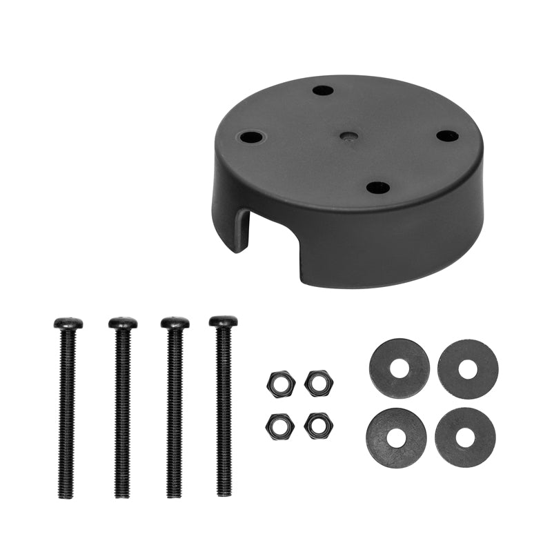 Round Mounting Spacer AMPS Plate for Cord and Cable Management—black metal plate with four holes, shown with screws, washers, and hex nuts for secure 4-Hole AMPS mounting on a white background.