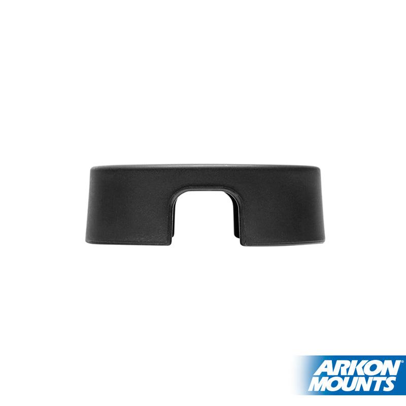 A black plastic Round Mounting Spacer AMPS Plate for Cord and Cable Management features a central rectangular cut-out, displayed on a white background with the Arkon Mounts logo in the bottom right corner.