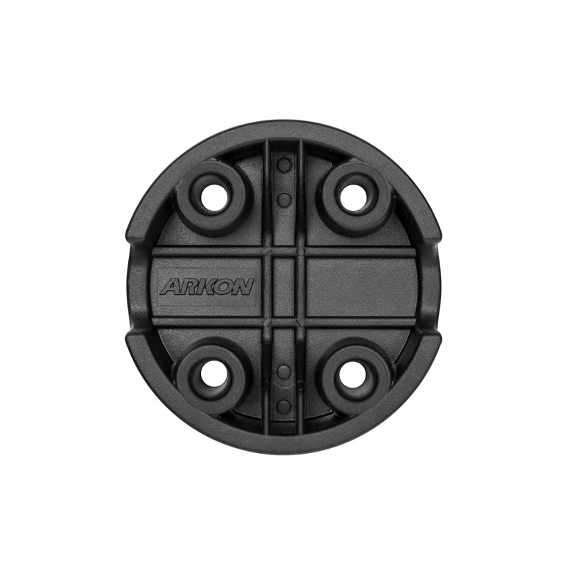 A round black plastic Round Mounting Spacer AMPS Plate for cord and cable management, featuring four screw holes and ARKON embossed on top, shown from above against a white background.