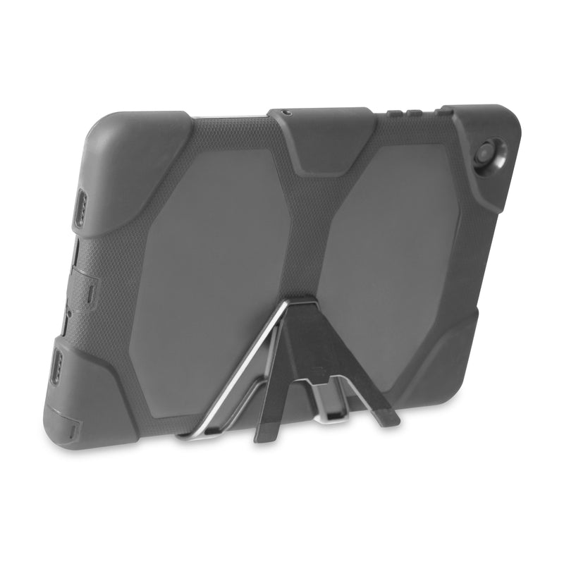 A Samsung Galaxy A9+ in a Rugged Case for Samsung A9+ is propped on a foldable metal stand, viewed from the back on a white background.