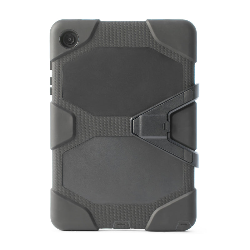 The Rugged Case for Samsung A9+ is a black, multi-layer protective cover with angular corners, textured grip, and a built-in kickstand on the back, offering drop-proof defense—shown against a white background.