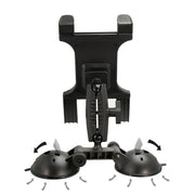 The Slim-Grip® Double Suction Windshield Tablet Mount, shown in black with an adjustable rotating arm, is displayed against a white background. Arrows indicate its flexible design, perfect for hands-free use as a car or windshield tablet mount.