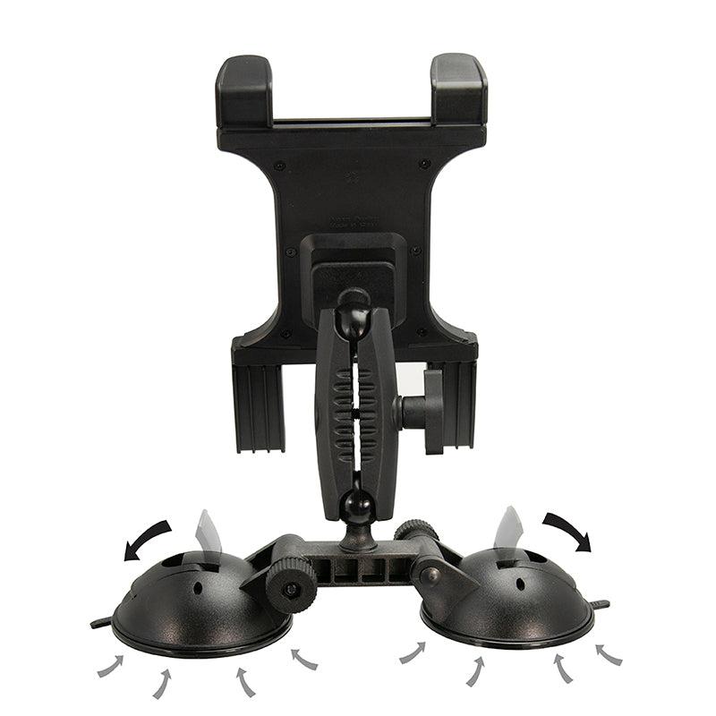 The Slim-Grip® Double Suction Windshield Tablet Mount, shown in black with an adjustable rotating arm, is displayed against a white background. Arrows indicate its flexible design, perfect for hands-free use as a car or windshield tablet mount.