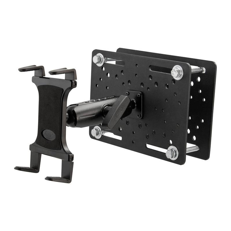 The Slim-Grip® Overhead Guard Forklift Tablet Mount with 5 Shaft features a rugged holder with a mounting plate and multiple screw holes for secure wall or surface attachment—ideal as a warehouse tablet holder—shown on a white background.