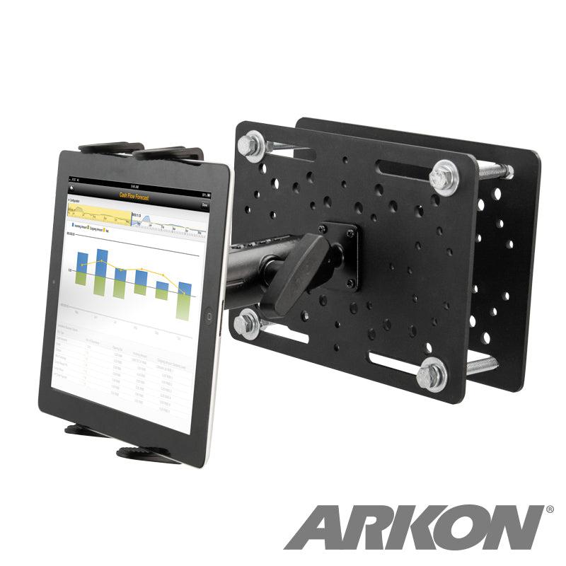 The Slim-Grip® Overhead Guard Forklift Tablet Mount with 5 Shaft secures a tablet on a black adjustable metal bracket, displaying a bar and line chart—ideal for rugged vehicle or warehouse use. ARKON logo visible in the bottom right corner.