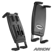 Two black Slim-Grip® Smartphone Holders with Dual-T Mount for iPhone, Galaxy, Note, and more are displayed from different angles on a white background, featuring the ARKON logo for adjustable and secure universal smartphone support.