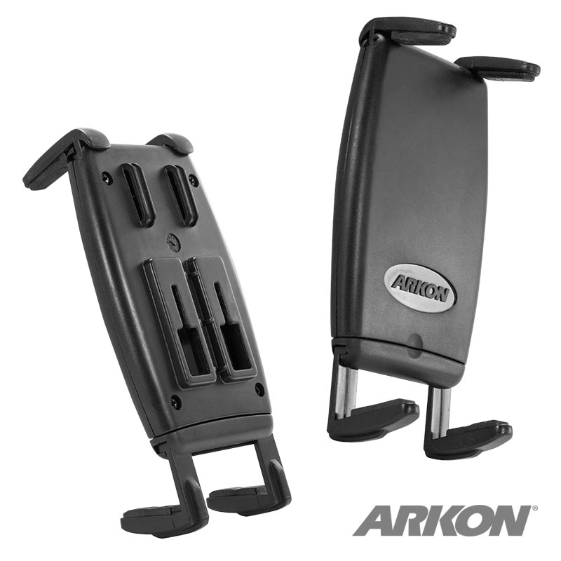 Two black Slim-Grip® Smartphone Holders with Dual-T Mount for iPhone, Galaxy, Note, and more are displayed from different angles on a white background, featuring the ARKON logo for adjustable and secure universal smartphone support.