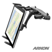 The black Slim-Grip® Tablet Holder with Car Seat Headrest Mount secures a tablet showing a map, attaches to a headrest for rear seat entertainment, and features the Arkon logo in the bottom right corner.