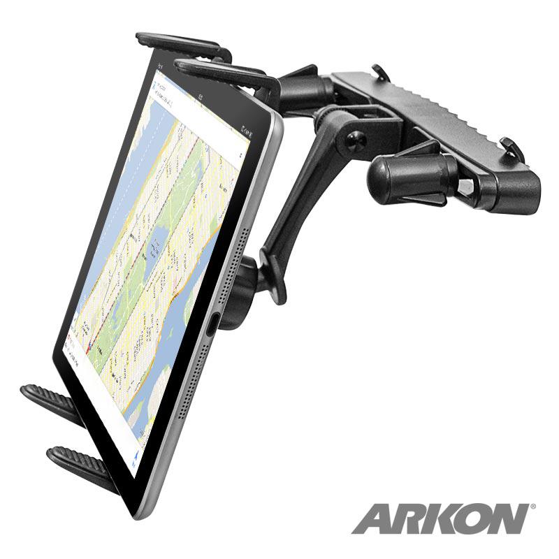 The black Slim-Grip® Tablet Holder with Car Seat Headrest Mount secures a tablet showing a map, attaches to a headrest for rear seat entertainment, and features the Arkon logo in the bottom right corner.