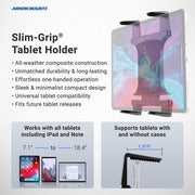 A graphic for the Slim-Grip® Tablet Holder with Car Seat Headrest Mount highlights its ability to hold 7.1–18.4 tablets, with or without cases up to 1.375” thick—perfect for rear seat entertainment in your car.