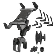 The Slim-Grip® Tablet Holder with Clamp Mount and Security Knob Shaft is shown with interchangeable grip pieces, knob, and mounting hardware displayed separately against a white background.