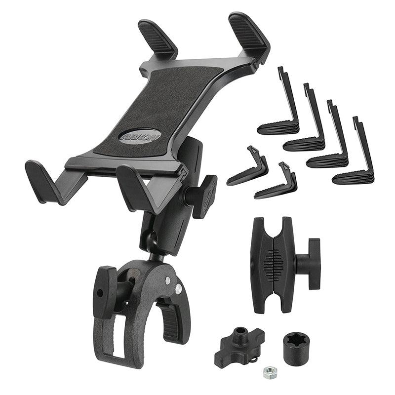 The Slim-Grip® Tablet Holder with Clamp Mount and Security Knob Shaft is shown with interchangeable grip pieces, knob, and mounting hardware displayed separately against a white background.