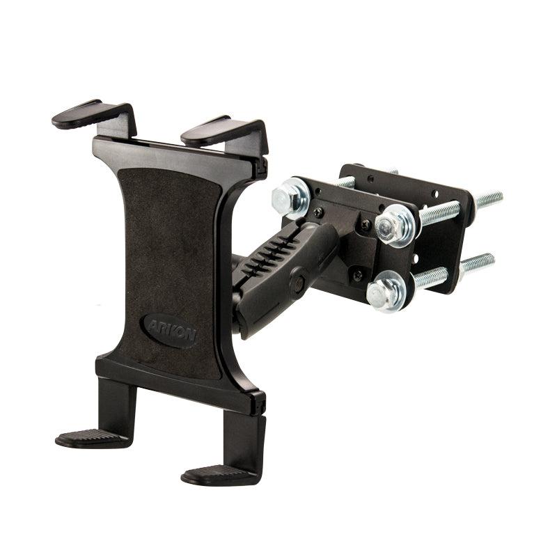 The Slim-Grip® Tablet Holder with Forklift Front Guard Mount and 3.75 Shaft offers a secure, hands-free solution for mounting tablets on warehouse equipment, featuring an adjustable clamp mechanism and screws for reliable attachment to various surfaces.