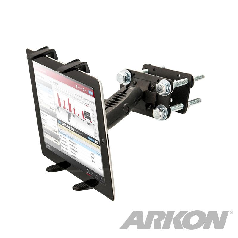 The Slim-Grip® Tablet Holder with Forklift Front Guard Mount and 3.75 Shaft is a black rugged mount with clamp and bolts, securely holding a tablet with charts. Ideal as a warehouse tablet holder, featuring the ARKON logo bottom right.