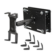The Slim-Grip® Tablet Holder with Forklift Overhead Guard Mount and 6 Metal Shaft is a black, metal wall-mount bracket with an extendable arm, six interchangeable mounting clips, and multiple mounting holes for rugged tablet use.