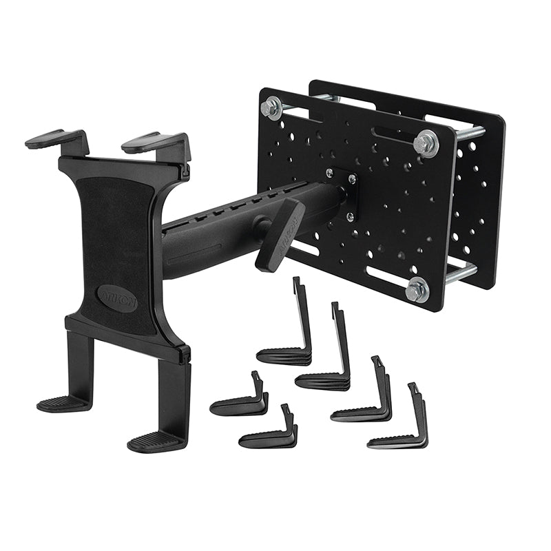 The Slim-Grip® Tablet Holder with Forklift Overhead Guard Mount and 8.5 Metal Shaft is a rugged, adjustable mount with an extendable arm and detachable grips, ideal for securely holding tablets in warehouse or industrial settings.