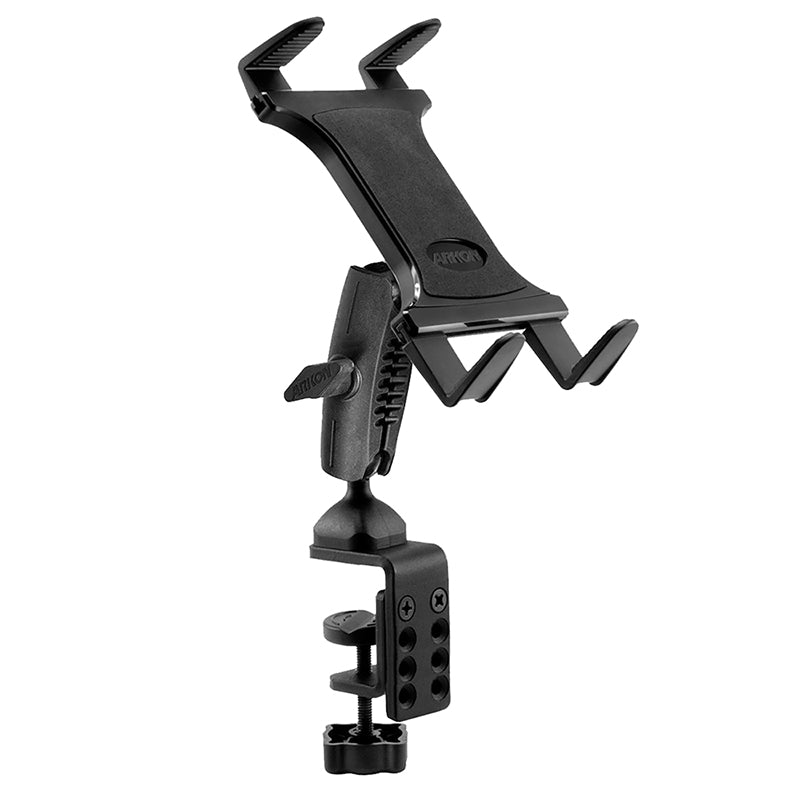 The Slim-Grip® Tablet Holder with Heavy-Duty Clamp Mount securely holds your device with textured grips, an angled arm, and an articulated joint for flexible positioning.