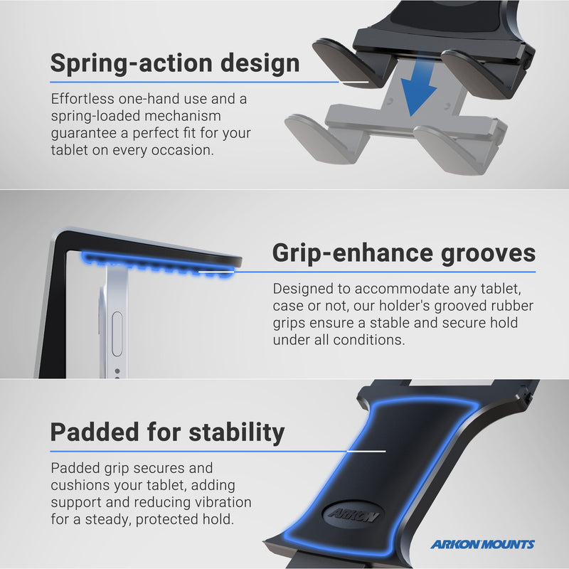 The Slim-Grip® Tablet Holder with Heavy-Duty Sticky Suction Windshield or Dash Mount features a spring-action design, grip-enhance rubber grooves, and padded sections for stability, secure hold, easy use, and reduced vibration.