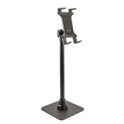 The Slim-Grip® Tablet Holder with Height-Adjustable Desk Stand is a black stand with a rectangular base, vertical pole, and top grip to securely hold your tablet in portrait orientation.