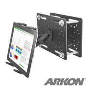 A Slim-Grip® Tablet Holder with Overhead Forklift Guard Mount and 3.75 Shaft secures a tablet showing charts, with the ARKON logo in the bottom right corner. The black, adjustable mount features multiple bolts and mounting holes.