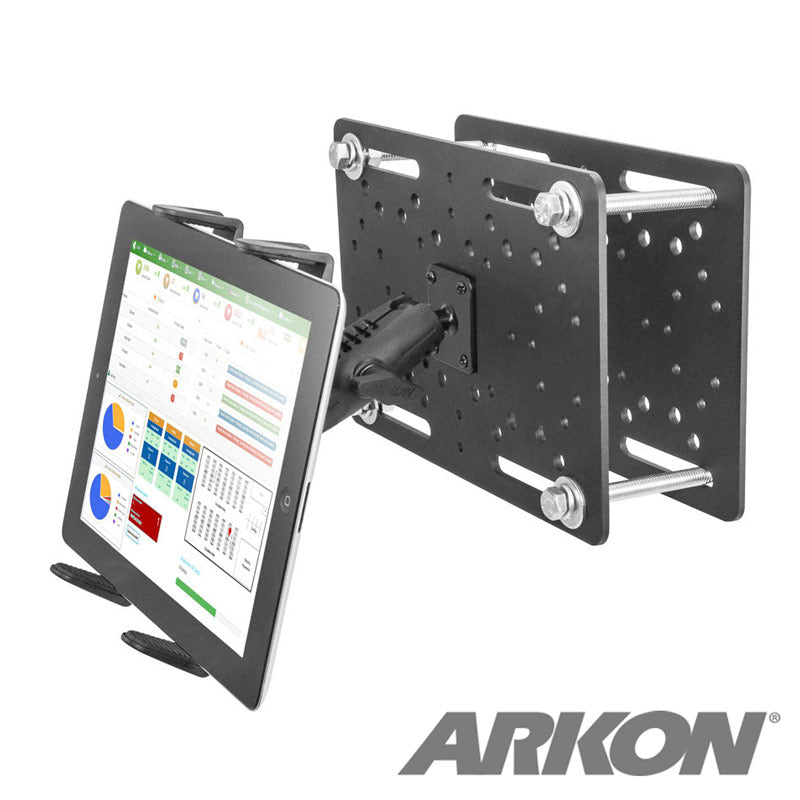 A Slim-Grip® Tablet Holder with Overhead Forklift Guard Mount and 3.75 Shaft secures a tablet showing charts, with the ARKON logo in the bottom right corner. The black, adjustable mount features multiple bolts and mounting holes.