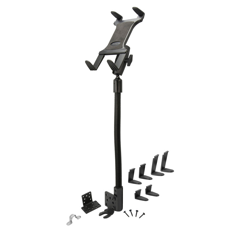 The Slim-Grip® Tablet Holder with Seat Rail Mount and 18 Bendable Arm includes a flexible gooseneck, mounting base, screws, and multiple bracket attachments on a white background. Ideal for hands-free tablet use in cars or trucks.